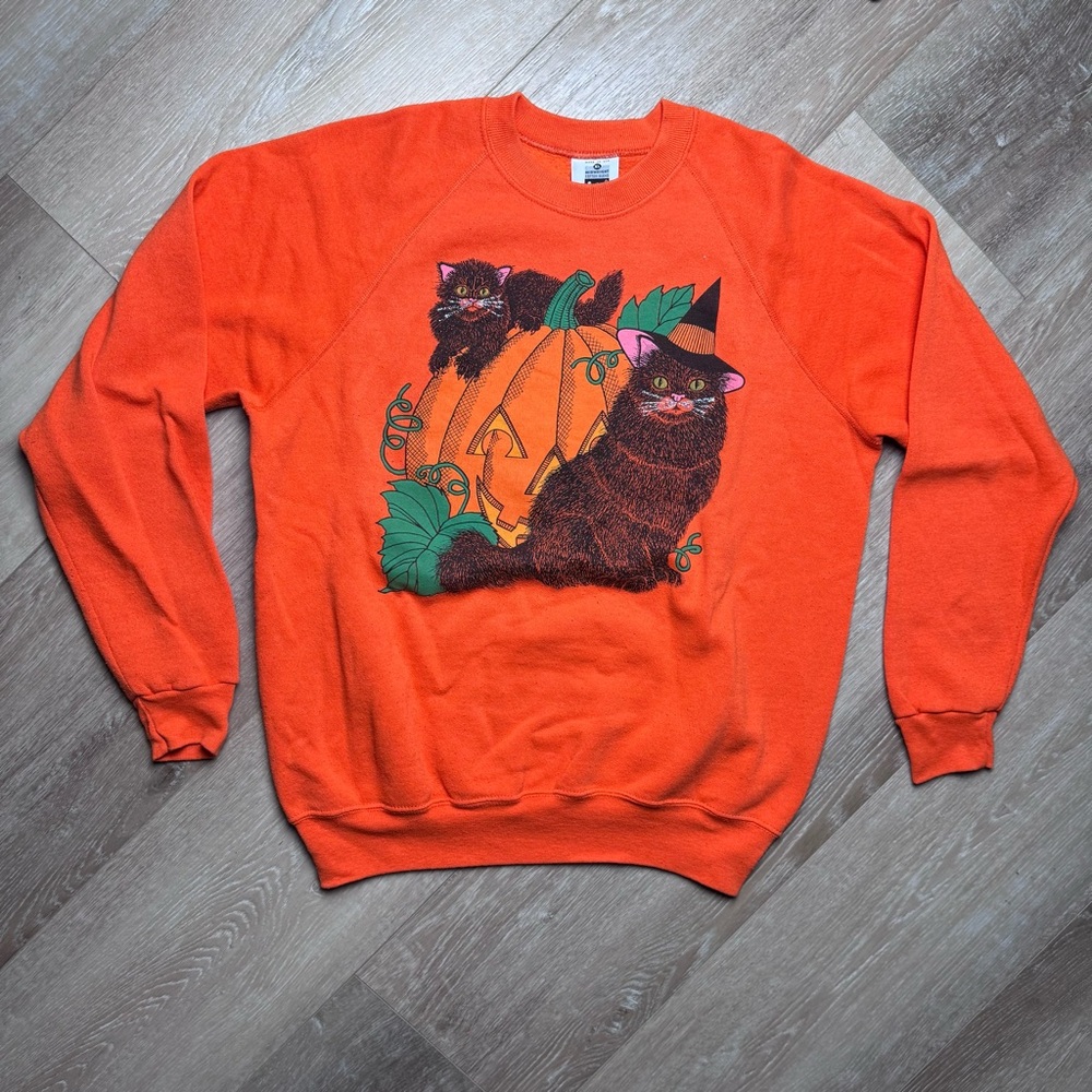 Vintage Halloween Cats Witch Men’s Crewneck Sweatshirt Size Large XL Orange